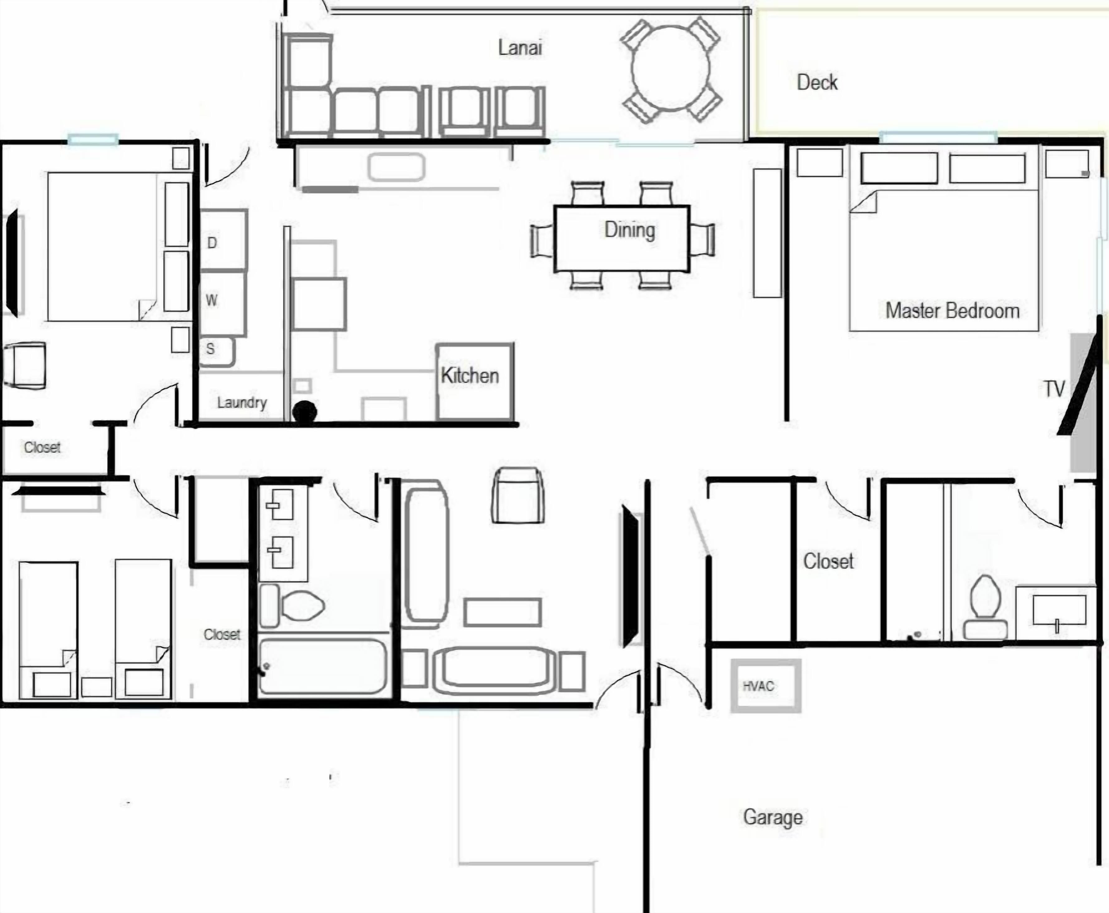A floor plan with a dining area, kitchen, laundry, master bedroom, TV, closet, and garage.
