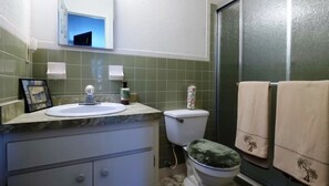 Tina con regadera, secadora de cabello, toallas 