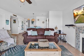 Télévision, cheminée, lecteur de DVD, chaîne hi-fi