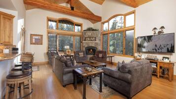 TV, fireplace, table football