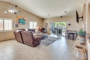 TV, fireplace - Heated Pool at 3 BR Home: 5 Mi to Coachella! (La Quinta)