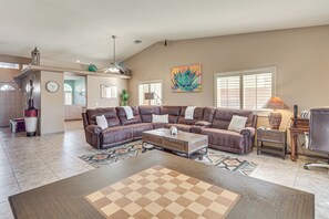 TV, fireplace - Heated Pool at 3 BR Home: 5 Mi to Coachella! (La Quinta)