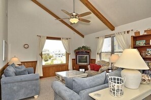 TV, DVD player, video library, stereo
