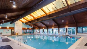 Ein Innenpool mit hoher Decke, Steinwand und Fenstern mit Blick ins Freie.