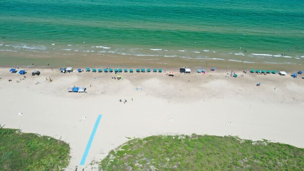 A beach with rows of umbrellas and beach chairs, a sandy shore, and a clear view of the ocean.