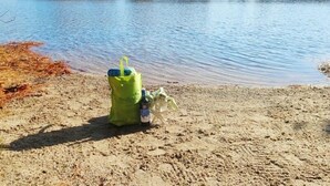 Ein sandiger Strand mit einer grünen Tasche und einer Flasche am Ufer, mit Blick auf einen stillen See mit Bäumen und Häusern im Hintergrund.