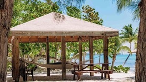 A wooden beach pavilion with a hammock and picnic table, surrounded by palm trees and a view of the ocean.