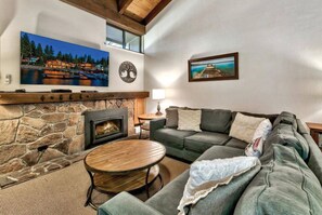 Smart TV, chimenea, reproductor de DVD y libros 