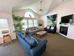 Smart TV, fireplace, DVD player, foosball