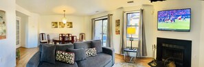 TV, fireplace, DVD player, books