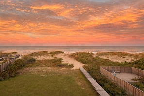 On the beach, sun loungers