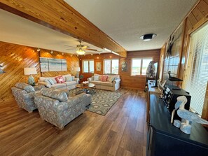 TV, DVD player, books, video library