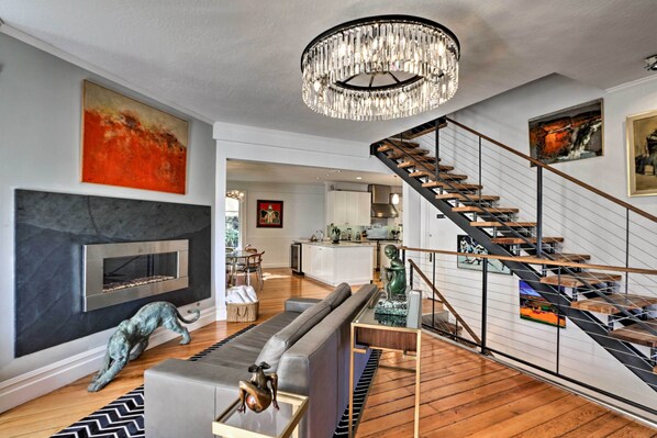 Fireplace, music library, stereo