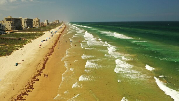 A beach with a long stretch of sand, a few umbrellas, and buildings in the background.