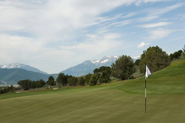 A golf course with a flag, trees, and mountains in the background.
