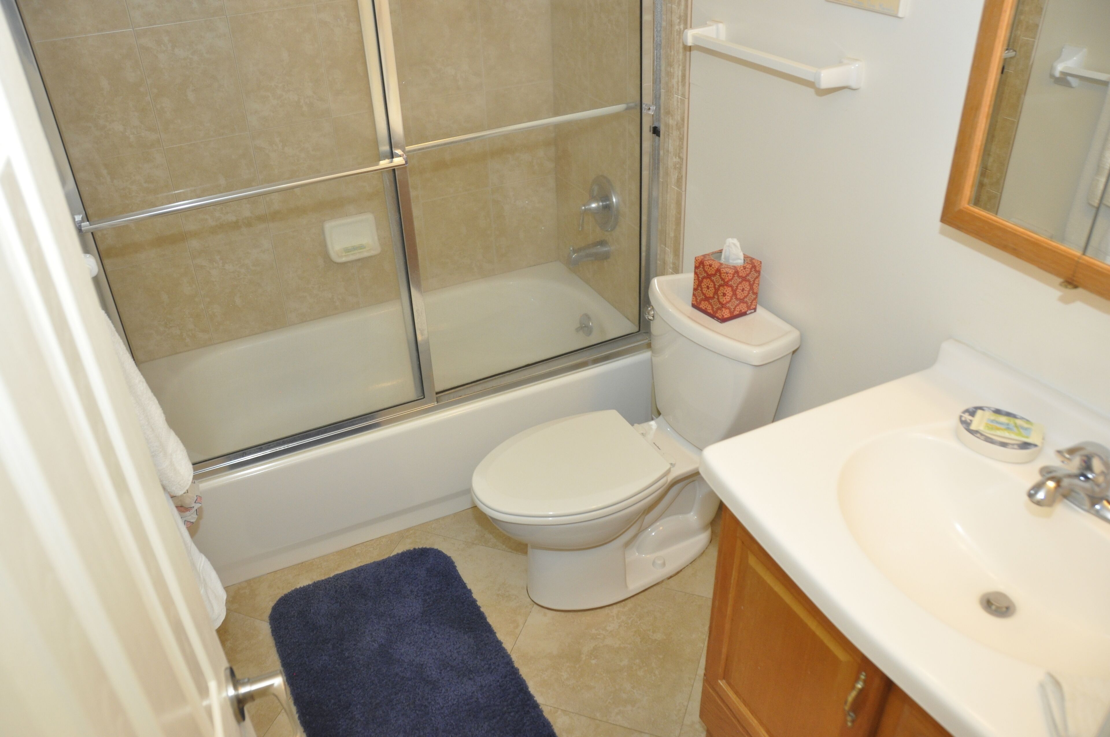 Baño con ducha, inodoro, lavabo y espejo.