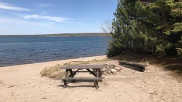 On the beach, sun loungers, beach towels