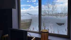 Une pièce dotée d’une grande fenêtre donnant sur un paysage enneigé, avec des arbres sans feuilles et un ciel dégagé.
