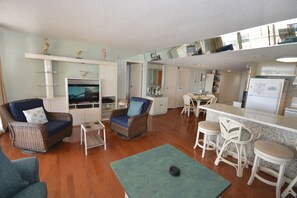 Interior - Stylish, spacious 2 bedroom oceanfront condo with owner provided  WiFi, 3 flat screen televisions (all with HBO and Disney channels and blue ray players) , floral decor, and a deluxe balcony with a spectacular ocean view located uptown just steps to (Ocean City)