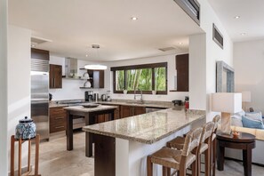 A modern kitchen with a large island, stainless steel appliances, and a view of greenery through the window. - On 7th Hole Fairway with Access to Beach Clubs! (Punta Mita)