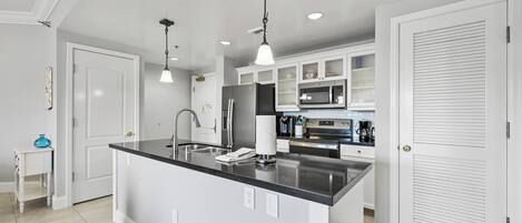 Microwave, stovetop, dishwasher, coffee/tea maker