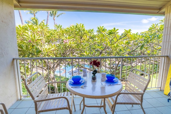 Enjoy your morning coffee on your private second floor lanai overlooking beautiful Napili Shores grounds including upper swimming pool.