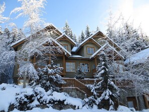 A large, multi-story wooden house with a stone foundation, surrounded by snow-covered trees.