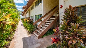 Un hotel con un sendero de concreto, escaleras de madera y abundante vegetación.