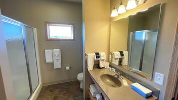 Combined shower/tub, hair dryer, towels