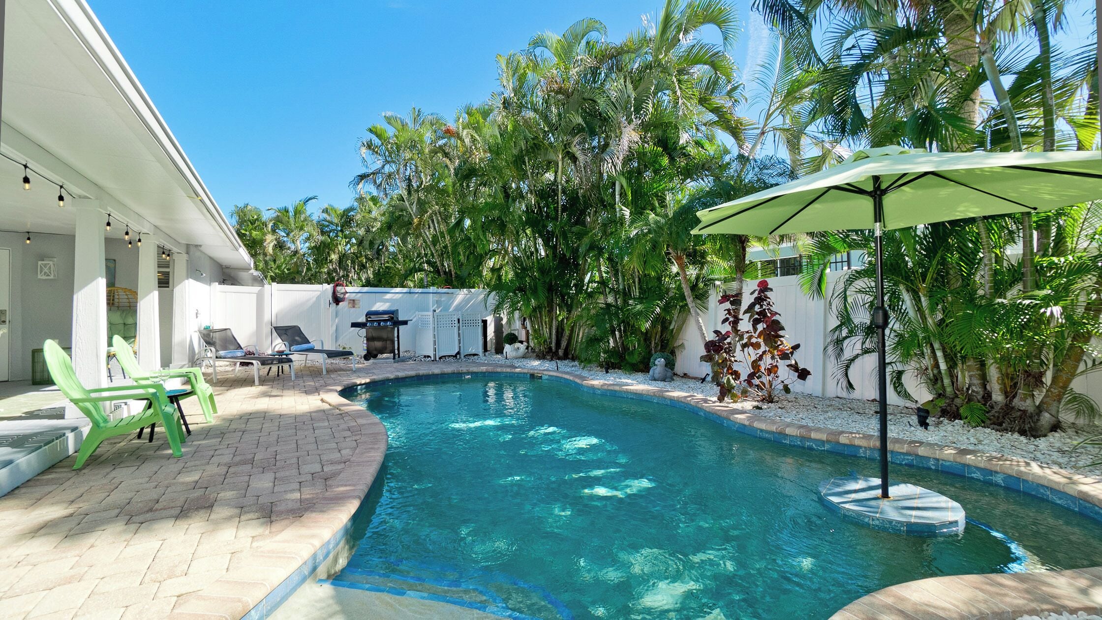 A swimming pool with a tiled edge, surrounded by palm trees and a white fence.
