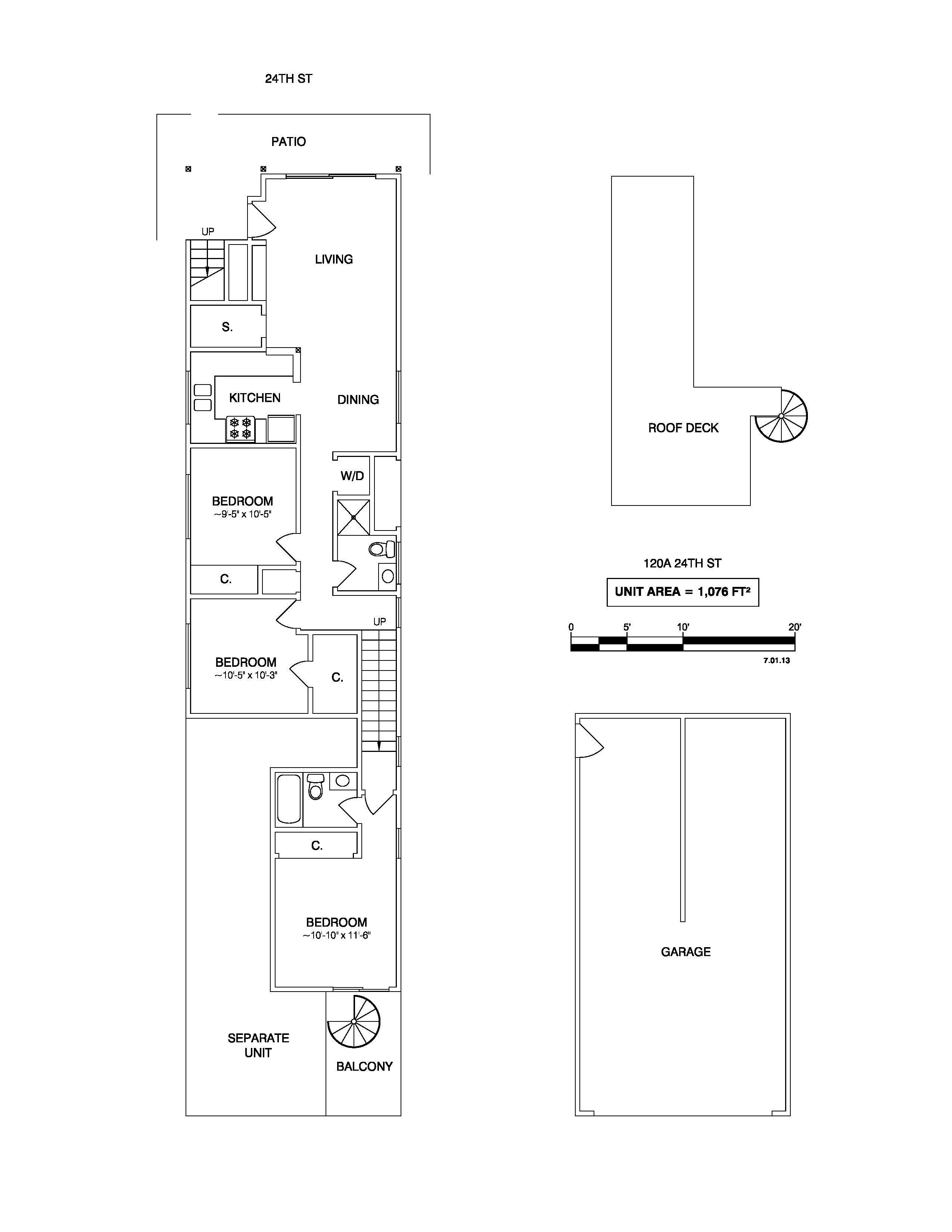A floor plan of a 24th St apartment with a patio, living room, kitchen, dining area, two bedrooms, a separate unit, and a garage.