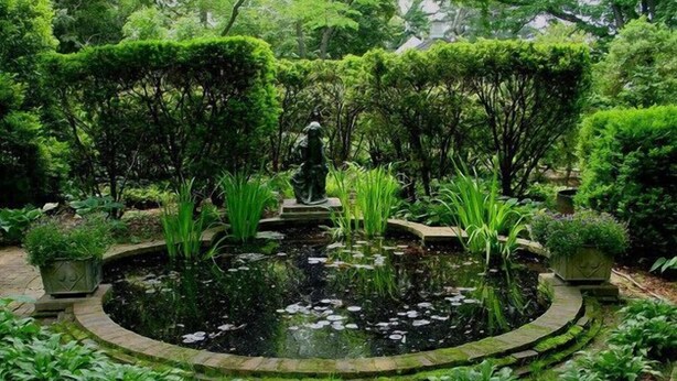 A circular pond with a statue in the center, surrounded by various plants and trees.