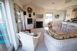 TV, fireplace, DVD player, books