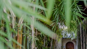 Un étroit sentier bordé de murs en bambou mène à une porte en bois.
