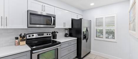 A modern kitchen with white cabinets, stainless steel appliances, and a window with blinds.