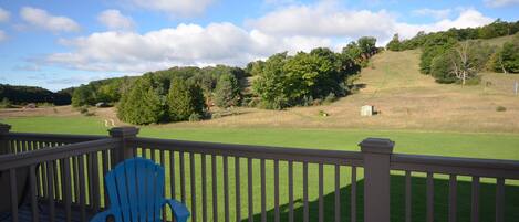 A deck with a view of a grassy field and trees.