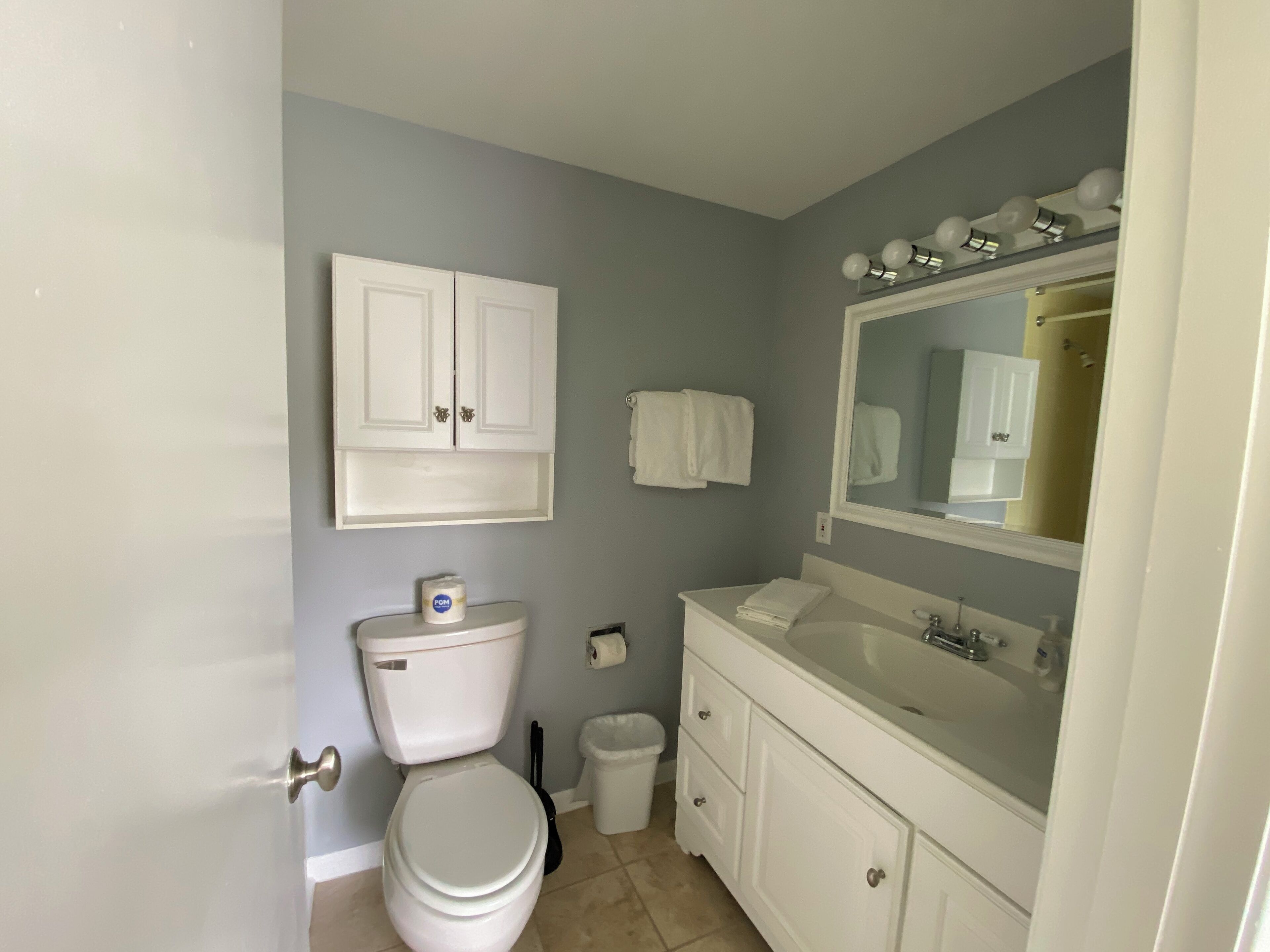 Een badkamer met toilet, wastafel, en een spiegel.