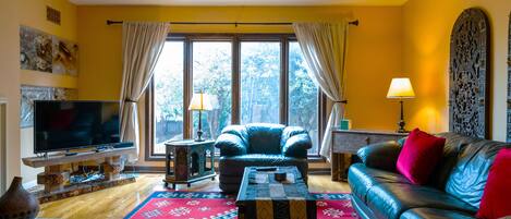 TV connectée, cheminée, livres