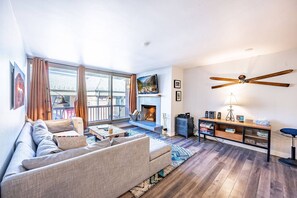 Flat-screen TV, fireplace, DVD player