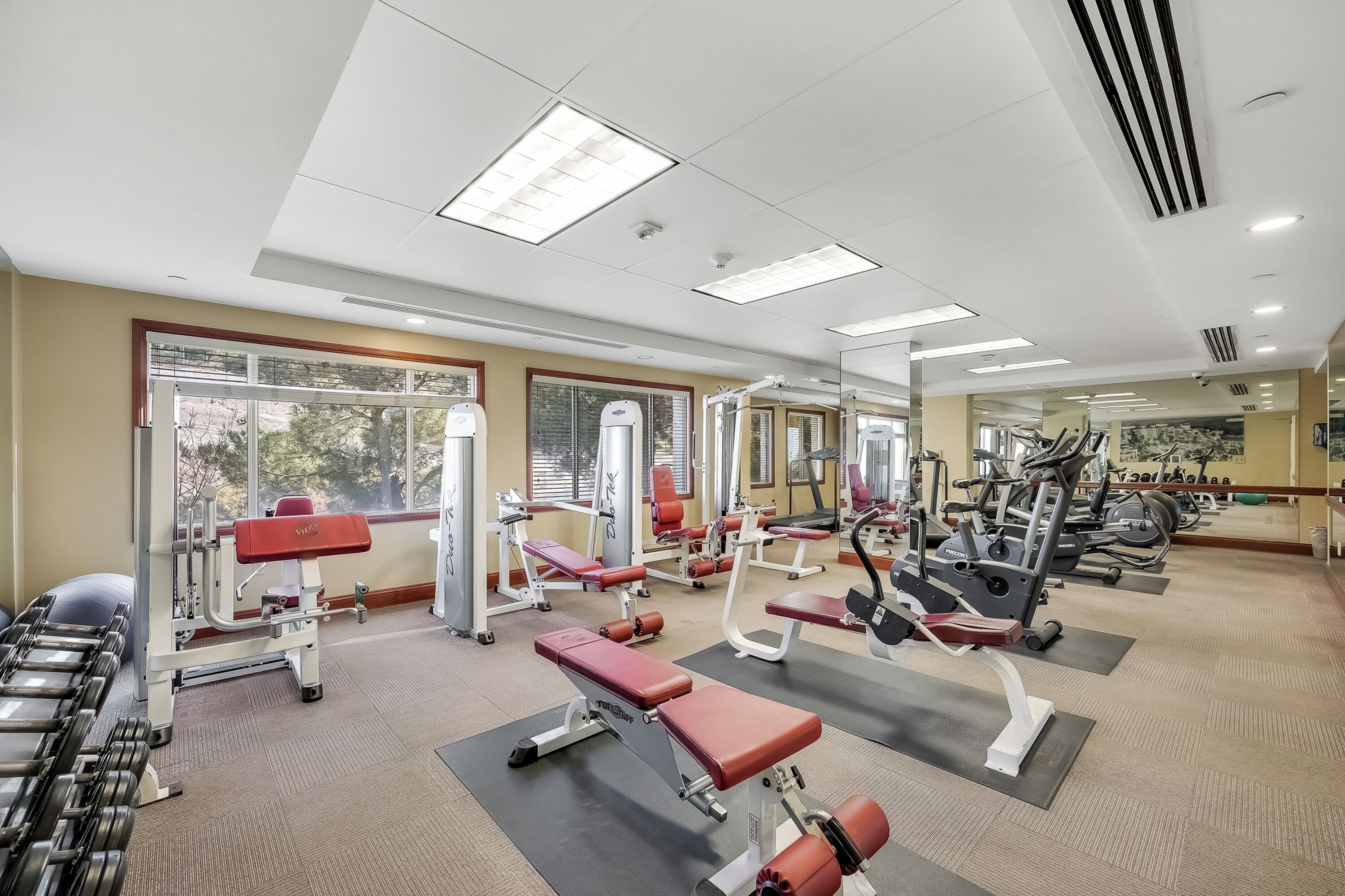 A gym with various exercise equipment, large windows, and a mirror.