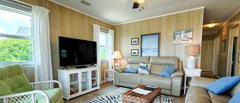 A living room with a television, two sofas, a coffee table, and a ceiling fan.