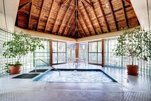 Un área de spa con jacuzzi, techo de madera, ventanas amplias y plantas en macetas.