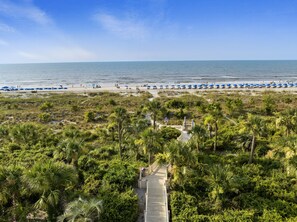 A beach with a wooden boardwalk leading to the shore, surrounded by dense greenery and palm trees.