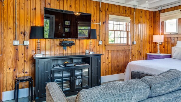 Una habitación con paredes de madera, una chimenea, una cama y un televisor.
