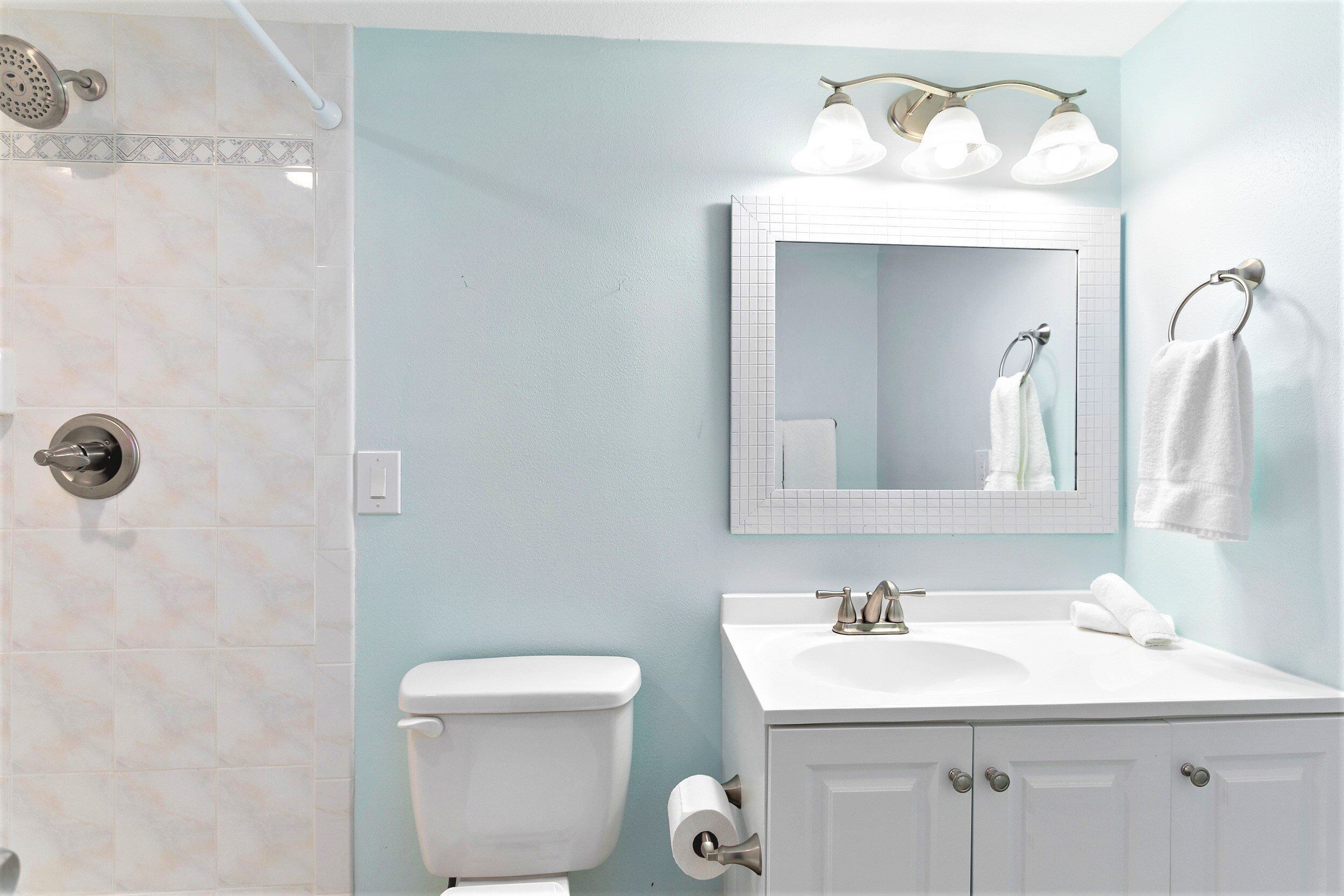 Une salle de bain avec des toilettes, un lavabo et une douche.