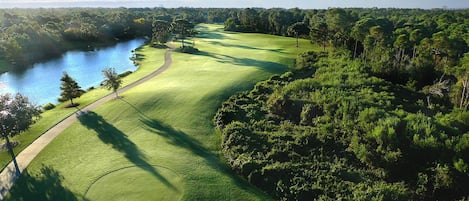 Un campo de golf con un cuerpo de agua, árboles y cielo despejado.