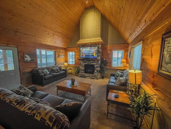 Smart TV, fireplace, foosball