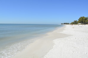 Une vaste plage de sable fin, avec des vagues douces, un ciel dégagé et quelques arbres en arrière-plan.