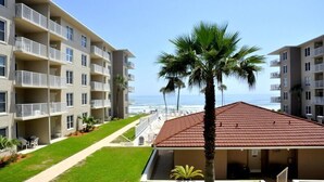 A beachfront hotel with multiple balconies, a palm tree, and a clear view of the ocean. - 2bed/2ba Ocean view condo in New Smyrna Beach! (New Smyrna Beach)