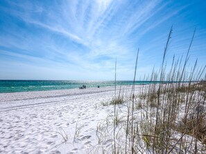 Uma praia com areia branca, águas azul-claras e vegetação rala.
